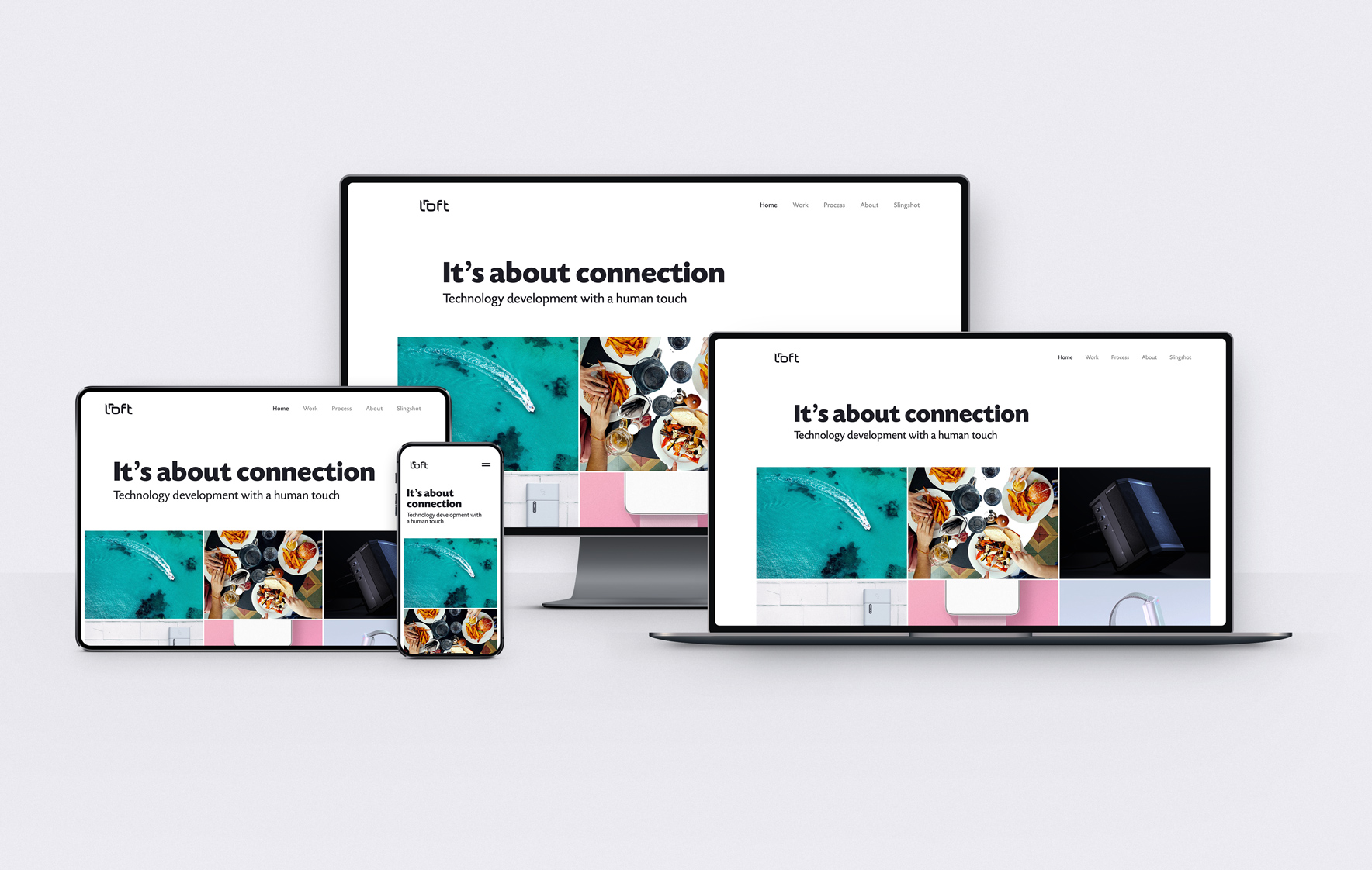 A tablet, mobile phone, desktop, and laptop displaying the Loft LLC website.